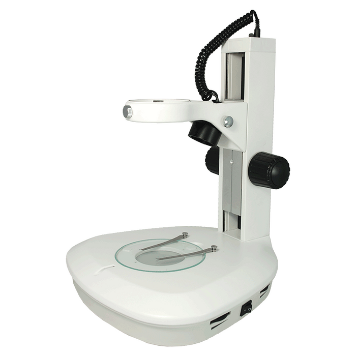 Microscope Track Stand, 76mm Coarse Focus Rack, 300mm Track Length, Top and Bottom LED Light (Dimmable), SKU ST09031201, three quarter front view