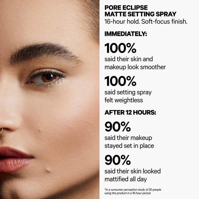 Milk Makeup Pore Eclipse mattifying and blurring setting spray in a clear bottle with a white cap, designed for a transfer-proof finish.