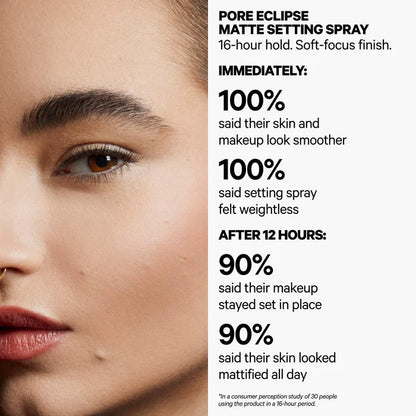 Milk Makeup Pore Eclipse mattifying and blurring setting spray in a clear bottle with a white cap, designed for a transfer-proof finish.