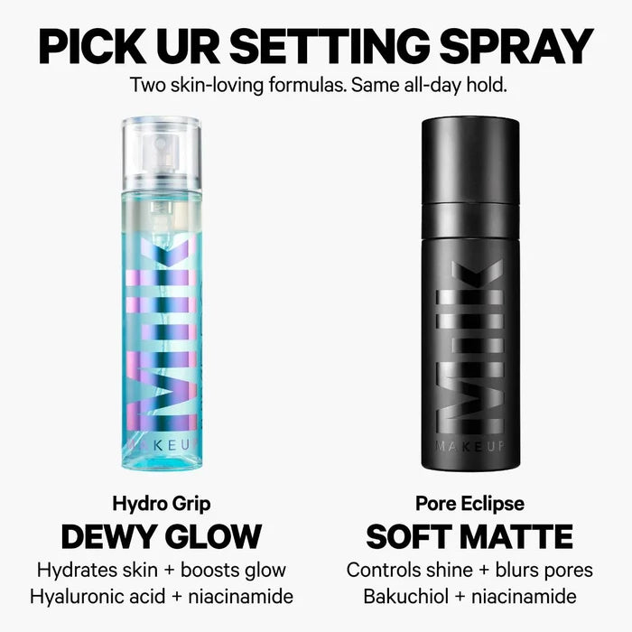 Milk Makeup Pore Eclipse mattifying and blurring transfer-proof setting spray in a clear bottle with a pump nozzle.