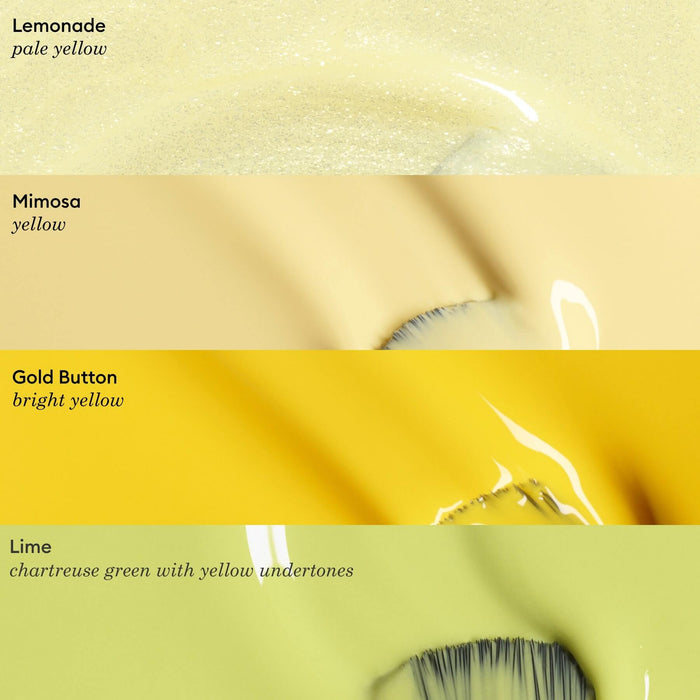 Four horizontal paint swatches—Lemonade, Mimosa (by Manucurist), Gold Button, and Lime—capture the lively pastel yellow hues of Green™ nail polish, each displayed as a vivid brushstroke.