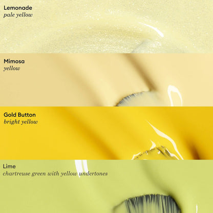 Four horizontal paint swatches—Lemonade, Mimosa (by Manucurist), Gold Button, and Lime—capture the lively pastel yellow hues of Green™ nail polish, each displayed as a vivid brushstroke.