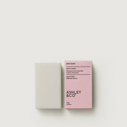 Mini soap bar with white bar and pink Ashley & Co box