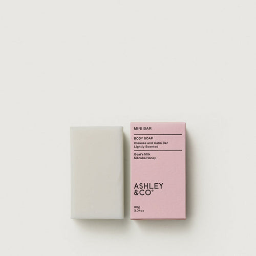 Mini soap bar with white bar and pink Ashley & Co box