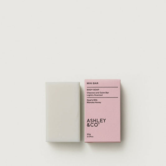 Mini soap bar with white bar and pink Ashley & Co box