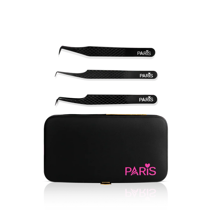 Mini Tweezer Set from Paris Lash Academy: 90 Degree Lover, P00, P0, P10 (front view of tweezers and magnetic tweezer case)