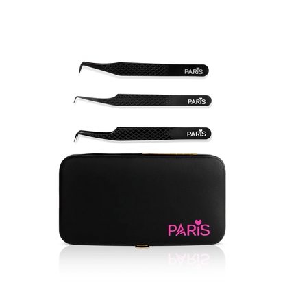 Mini Tweezer Set from Paris Lash Academy: 90 Degree Lover, P00, P0, P10 (front view of tweezers and magnetic tweezer case)