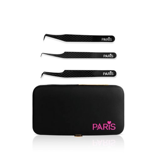 Mini Tweezer Set from Paris Lash Academy: 90 Degree Lover, P00, P0, P10 (front view of tweezers and magnetic tweezer case)