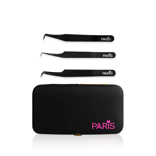 Mini Tweezer Set from Paris Lash Academy: 90 Degree Lover, P00, P0, P10 (front view of tweezers and magnetic tweezer case)