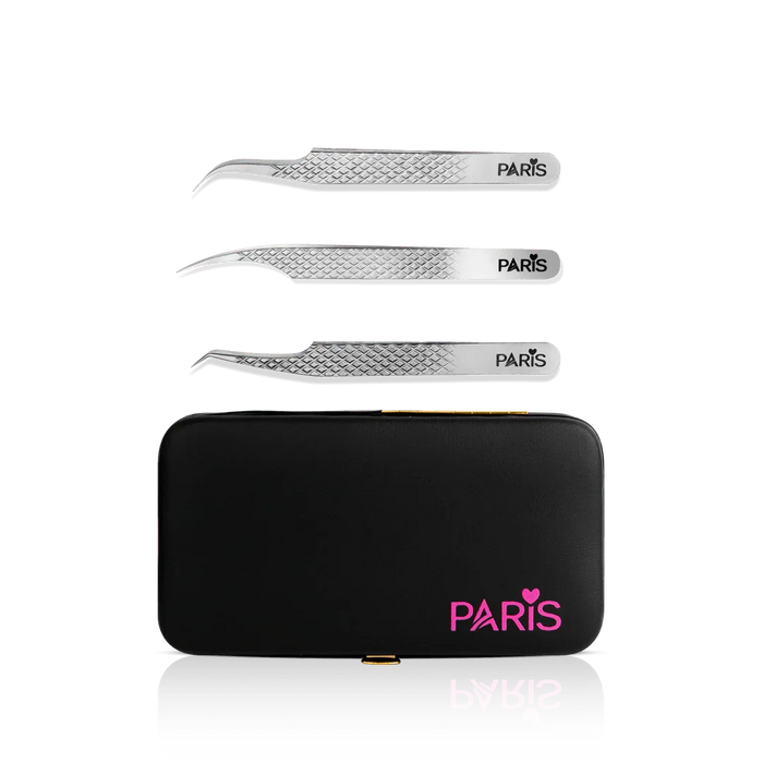 Mini Tweezer Set from Paris Lash Academy: The Must Haves, P1, P2, P6 (front view of tweezers and magnetic tweezer case)
