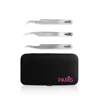 Mini Tweezer Set from Paris Lash Academy: The Must Haves, P1, P2, P6 (front view of tweezers and magnetic tweezer case)