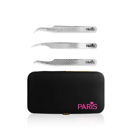 Mini Tweezer Set from Paris Lash Academy: The Must Haves, P1, P2, P6 (front view of tweezers and magnetic tweezer case)