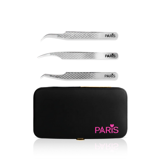 Mini Tweezer Set from Paris Lash Academy: The Must Haves, P1, P2, P6 (front view of tweezers and magnetic tweezer case)