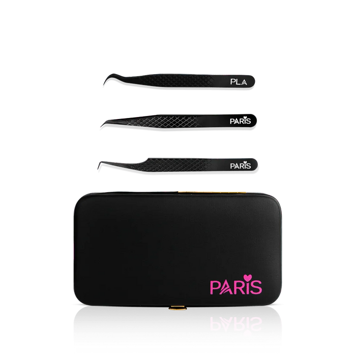 Mini Tweezer Set from Paris Lash Academy: The Small But Mighty, P00, P5, P11 (front view of tweezers and magnetic tweezer case)