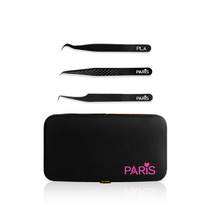Mini Tweezer Set from Paris Lash Academy: The Small But Mighty, P00, P5, P11 (front view of tweezers and magnetic tweezer case)