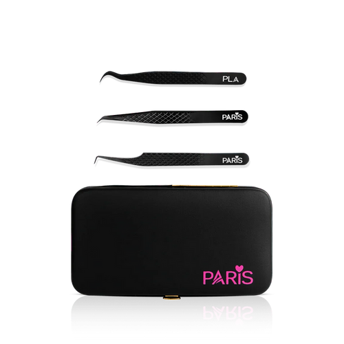 Mini Tweezer Set from Paris Lash Academy: The Small But Mighty, P00, P5, P11 (front view of tweezers and magnetic tweezer case)