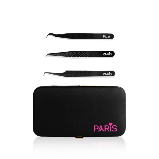 Mini Tweezer Set from Paris Lash Academy: The Small But Mighty, P00, P5, P11 (front view of tweezers and magnetic tweezer case)
