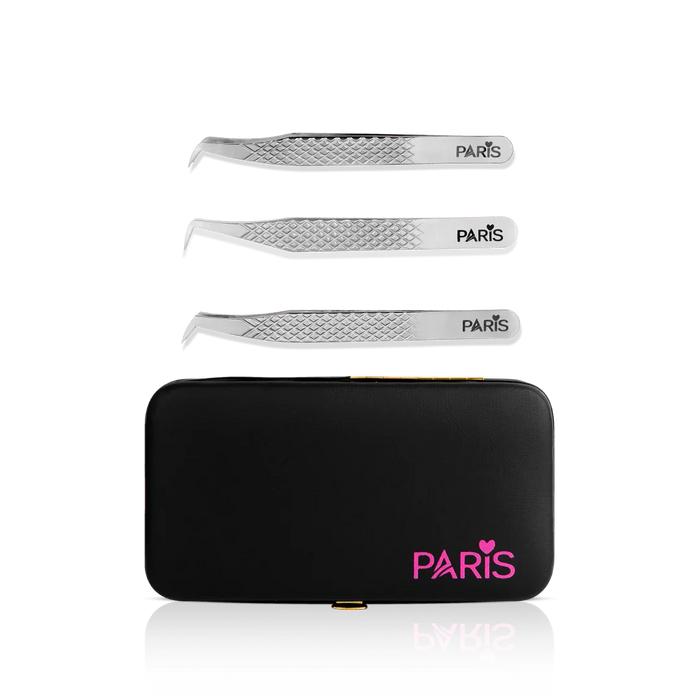 Mini Tweezer Set from Paris Lash Academy: The Triple Boot, P3, P8, P10 (front view of tweezers and magnetic tweezer case)