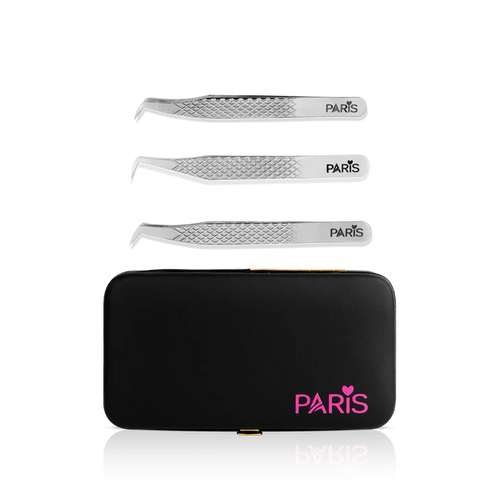Mini Tweezer Set from Paris Lash Academy: The Triple Boot, P3, P8, P10 (front view of tweezers and magnetic tweezer case)