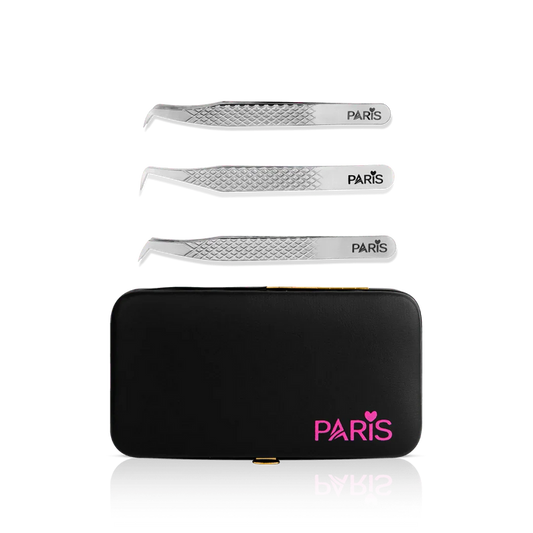 Mini Tweezer Set from Paris Lash Academy: The Triple Boot, P3, P8, P10 (front view of tweezers and magnetic tweezer case)