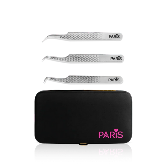 Mini Tweezer Set from Paris Lash Academy: The Volume Trio, P0, P6, P7 (front view of tweezers and magnetic tweezer case)
