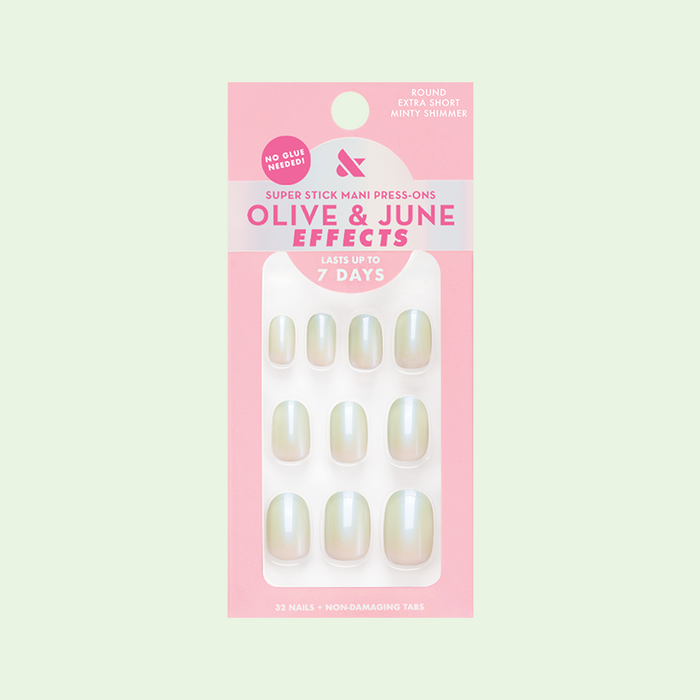 Package of Minty Shimmer | Extra Short | Round - Tab Press-On nails in a soft mint green gradient with subtle shimmer