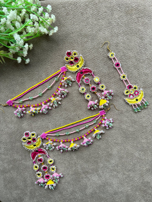 Mirror Work Crescent Moon Passa Earring & Tikka Set | Pink, Yellow & Mint | Mehandi Jewellery