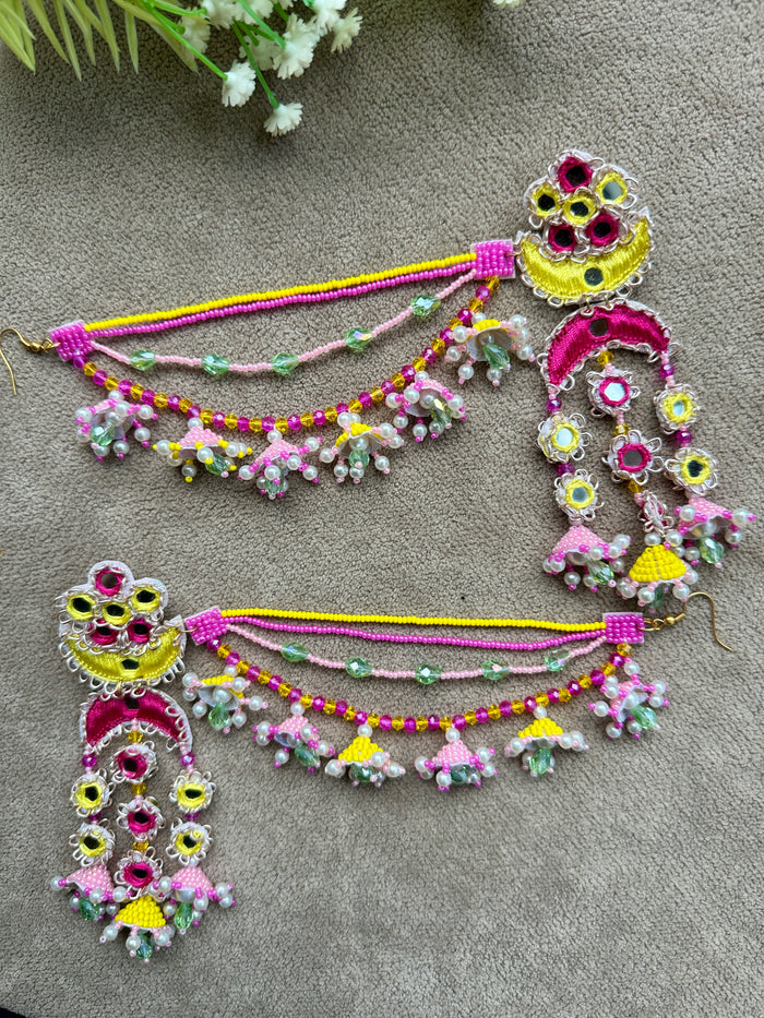 Mirror Work Crescent Moon Passa Earring & Tikka Set | Pink, Yellow & Mint | Mehandi Jewellery
