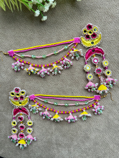 Mirror Work Crescent Moon Passa Earring & Tikka Set | Pink, Yellow & Mint | Mehandi Jewellery