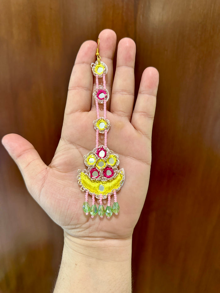 Mirror Work Crescent Moon Passa Earring & Tikka Set | Pink, Yellow & Mint | Mehandi Jewellery