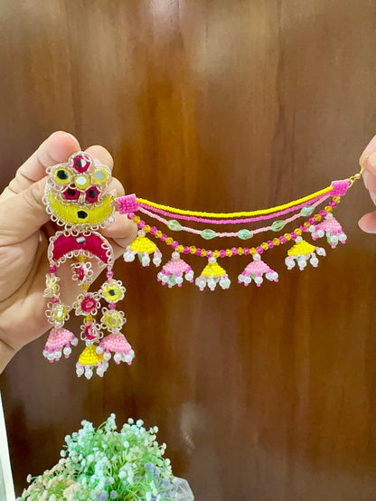 Mirror Work Crescent Moon Passa Earring & Tikka Set | Pink, Yellow & Mint | Mehandi Jewellery