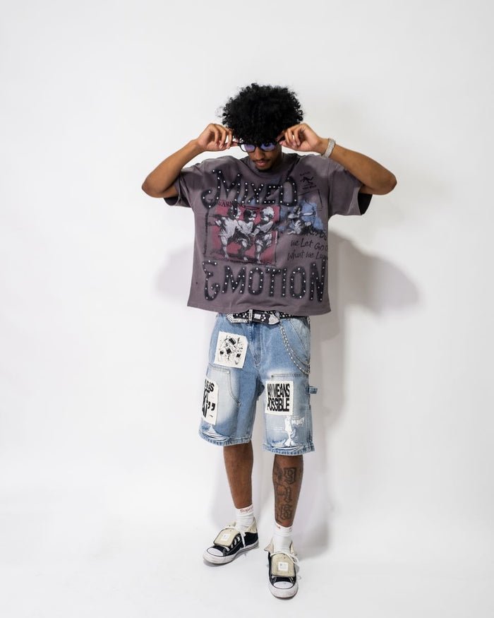 Mixed Emotion "AI" Light Blue Denim Shorts