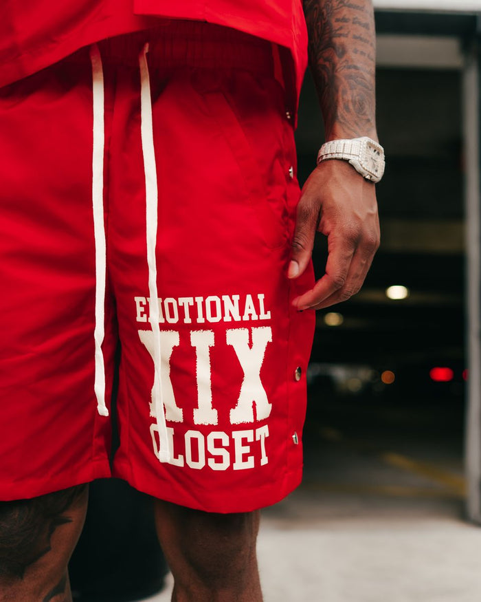 Mixed Emotion "Backyard" Red Nylon Shorts
