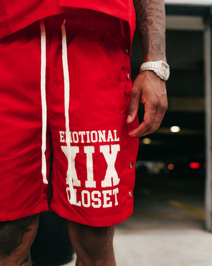 Mixed Emotion "Backyard" Red Nylon Shorts