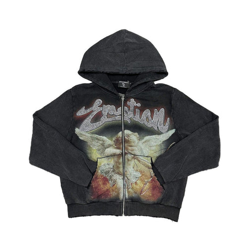 Black acid wash hoodie featuring rhinestone accents and a zip-up front