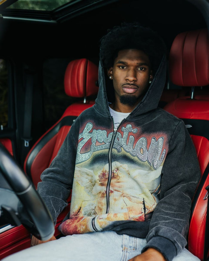 Full view of the zip-up hoodie showcasing the mixed emotion Cupid graphic and rhinestone details