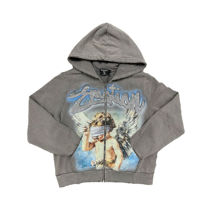 A grey zip-up hoodie featuring rhinestone embellishments with a Cupid design