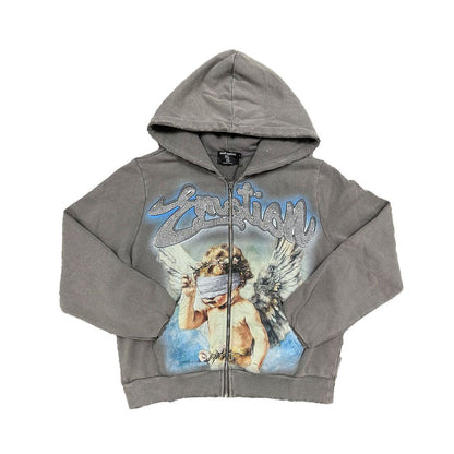 A grey zip-up hoodie featuring rhinestone embellishments with a Cupid design
