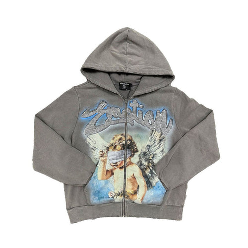 A grey zip-up hoodie featuring rhinestone embellishments with a Cupid design