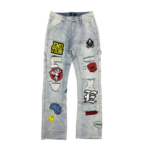 A pair of Mixed Emotion Emotion Blue Worker Jeans showcasing durable denim fabric and classic workwear style
