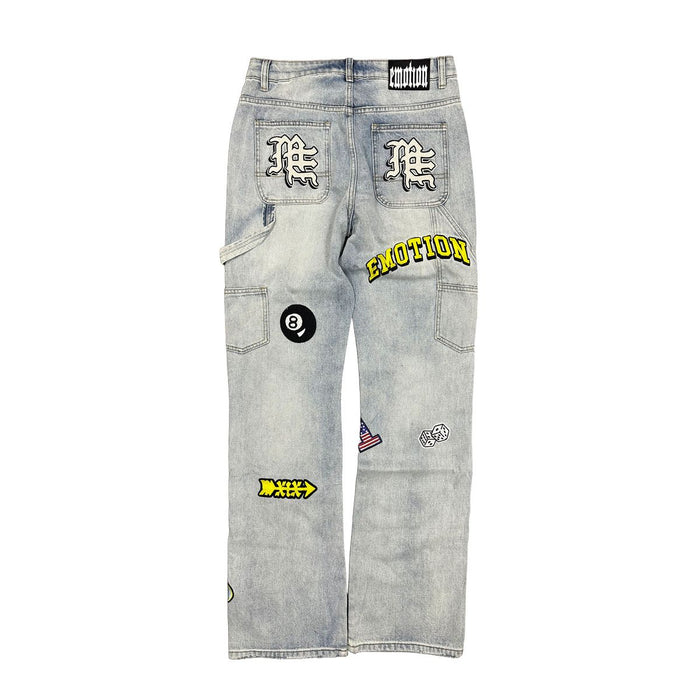 Close-up of the Mixed Emotion Emotion Blue Worker Jeans highlighting sturdy stitching and traditional work jeans design