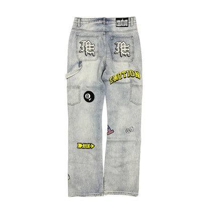 Close-up of the Mixed Emotion Emotion Blue Worker Jeans highlighting sturdy stitching and traditional work jeans design