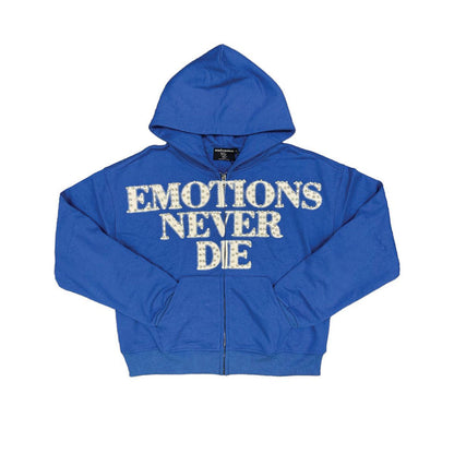 Mixed Emotion "Emotions Never End" Blue Rhinestone Zip Up Hoodie