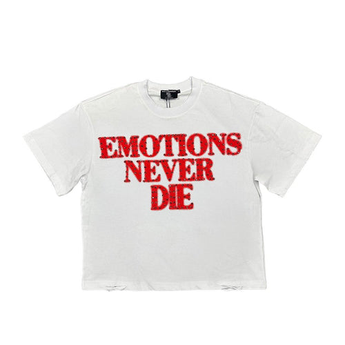 Bright white and red rhinestone tee featuring the bold Emotions Never End design with mixed emotion theme