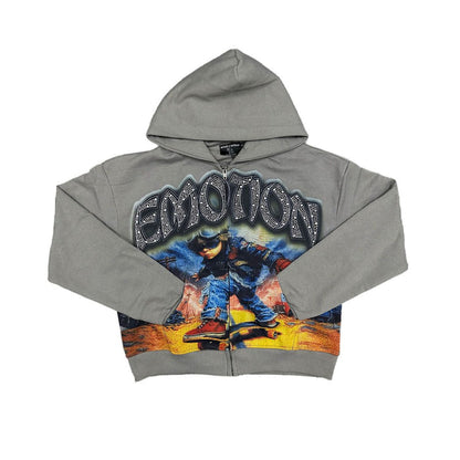 Mixed Emotion "Last Ride" Grey Rhinestone Zip Up Hoodie