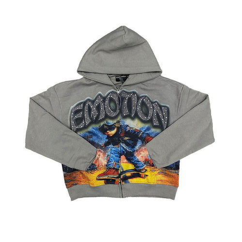 Mixed Emotion "Last Ride" Grey Rhinestone Zip Up Hoodie