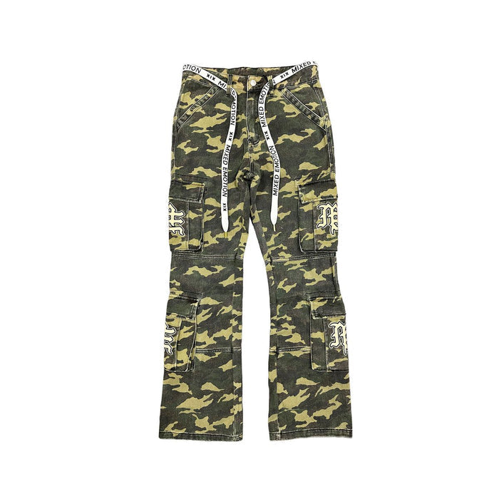 A pair of Mixed Emotion ME Green Camo Cargo Pants featuring a modern camouflage pattern and multiple cargo pockets for a stylish, utilitarian look