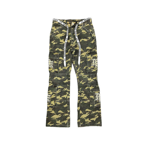 A pair of Mixed Emotion ME Green Camo Cargo Pants featuring a modern camouflage pattern and multiple cargo pockets for a stylish, utilitarian look