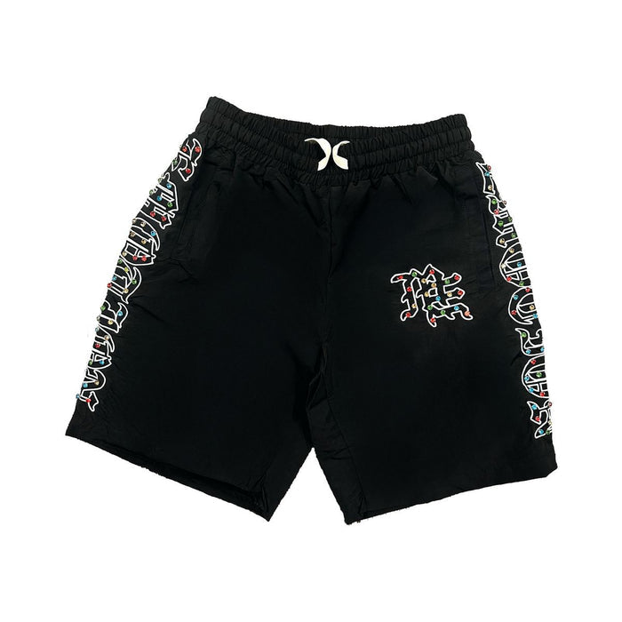 A stylish pair of black nylon shorts adorned with rhinestones, featuring the Mixed Emotion ME design for a trendy and eye-catching look