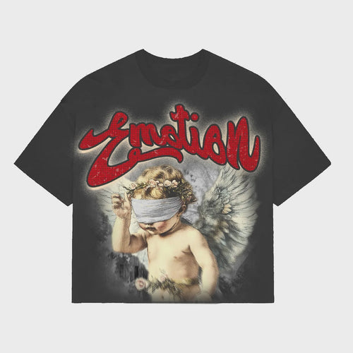 Mixed Emotion Rhinestone Cupid Cropped Grey Tee with detailed rhinestone design and true-to-size fit